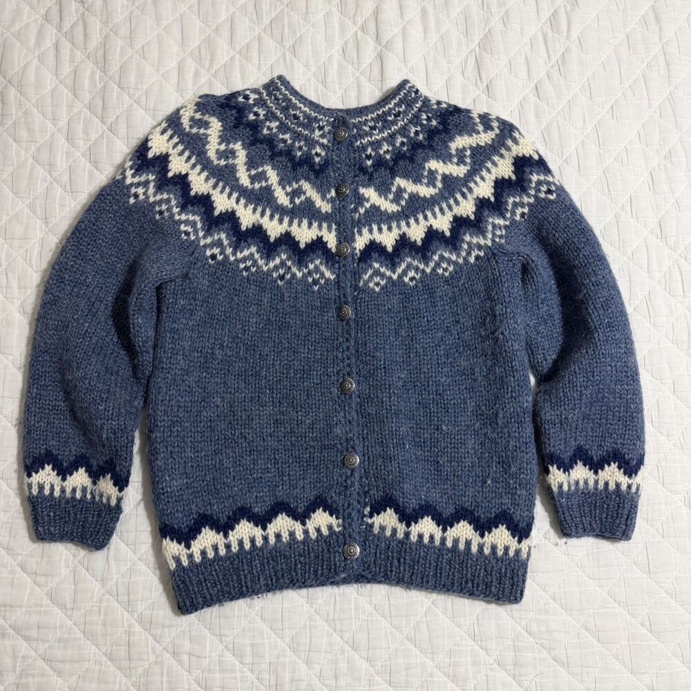 Handmade Icelandic Wool S Blue White Nordic Pattern Cardigan Sweater